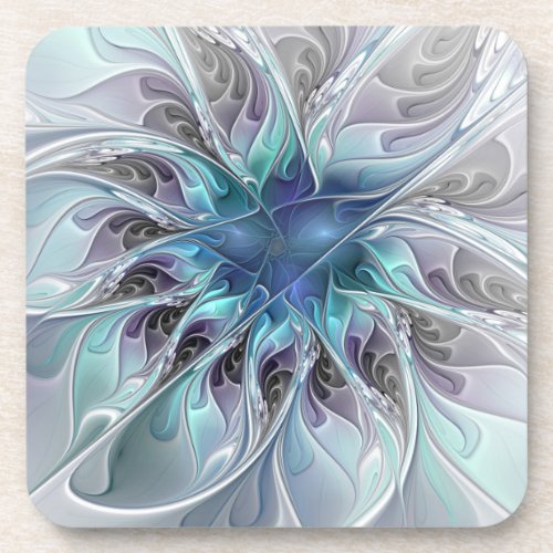 Flourish Abstract Modern Fractal Flower With Blue Beverage Coaster