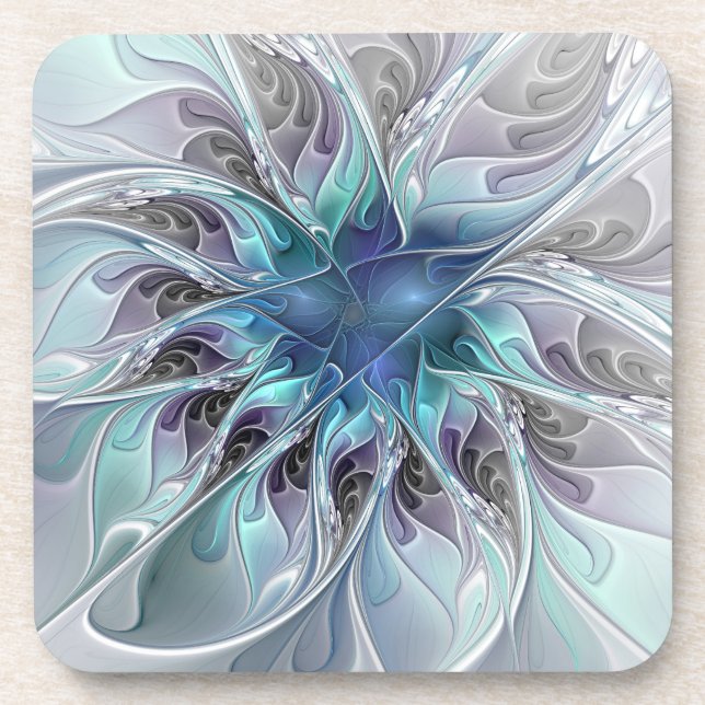 Flourish Abstract Modern Fractal Flower With Blue Beverage Coaster (Front)