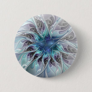 Flourish Abstract Modern Fractal Flower With Blue Button