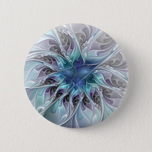 Flourish Abstract Modern Fractal Flower With Blue Button