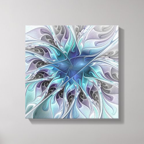 Flourish Abstract Modern Fractal Flower With Blue Canvas Print