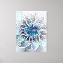 Flourish Abstract Modern Fractal Flower With Blue Canvas Print