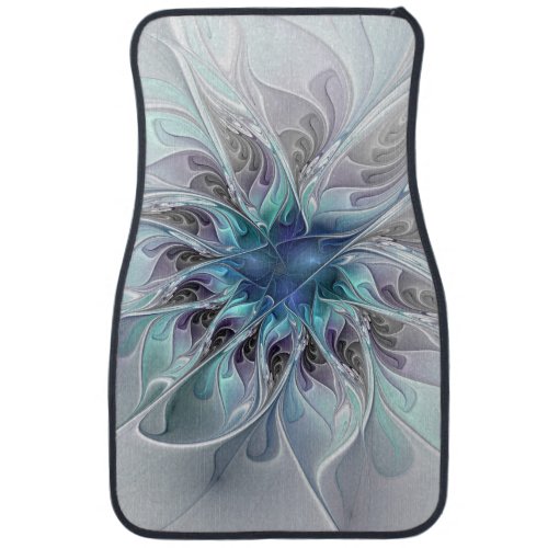 Flourish Abstract Modern Fractal Flower With Blue Car Floor Mat