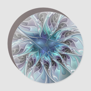 Flourish Abstract Modern Fractal Flower With Blue Car Magnet