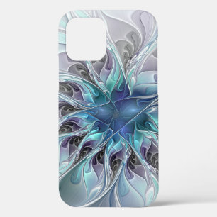 Flourish Abstract Modern Fractal Flower With Blue iPhone 12 Case