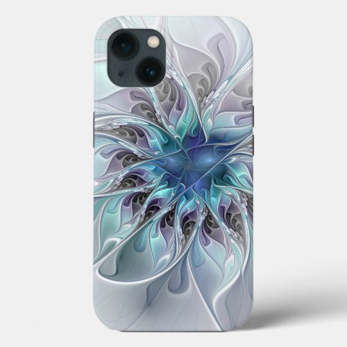 Flourish Abstract Modern Fractal Flower With Blue iPhone 13 Case