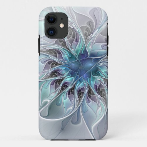 Flourish Abstract Modern Fractal Flower With Blue iPhone 11 Case