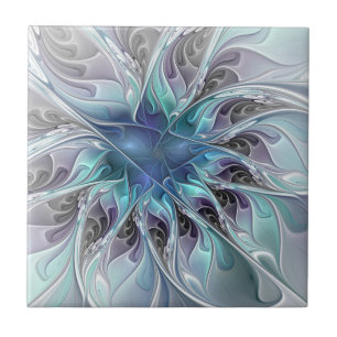 Flourish Abstract Modern Fractal Flower With Blue Ceramic Tile
