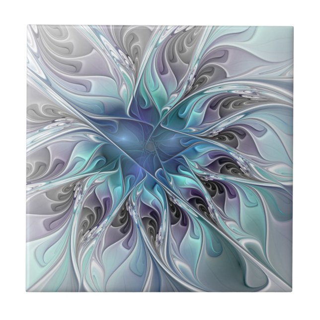 Flourish Abstract Modern Fractal Flower With Blue Ceramic Tile (Front)
