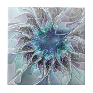 Flourish Abstract Modern Fractal Flower With Blue Ceramic Tile