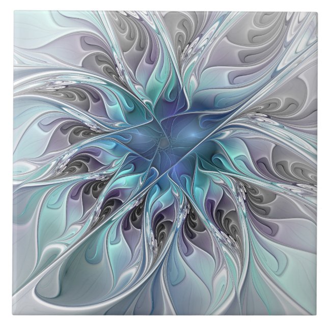 Flourish Abstract Modern Fractal Flower With Blue Ceramic Tile (Front)