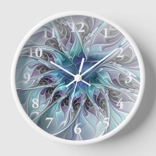 Flourish Abstract Modern Fractal Flower With Blue Clock