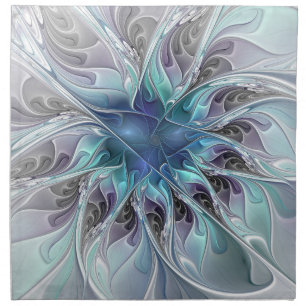Flourish Abstract Modern Fractal Flower With Blue Cloth Napkin