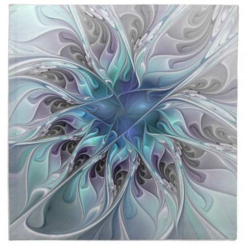 Flourish Abstract Modern Fractal Flower With Blue Cloth Napkin
