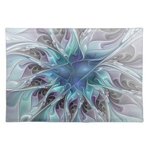 Flourish Abstract Modern Fractal Flower With Blue Cloth Placemat