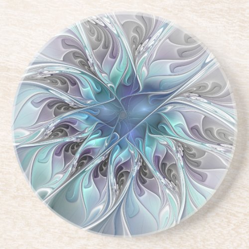 Flourish Abstract Modern Fractal Flower With Blue Coaster
