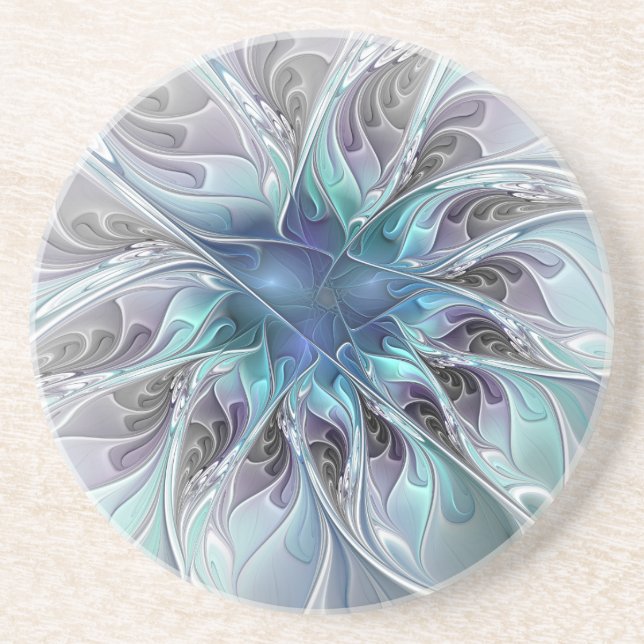Flourish Abstract Modern Fractal Flower With Blue Coaster (Front)