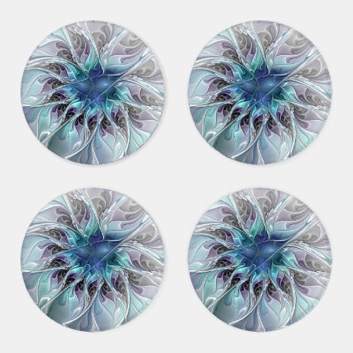 Flourish Abstract Modern Fractal Flower With Blue Coaster Set