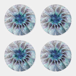 Flourish Abstract Modern Fractal Flower With Blue Coaster Set