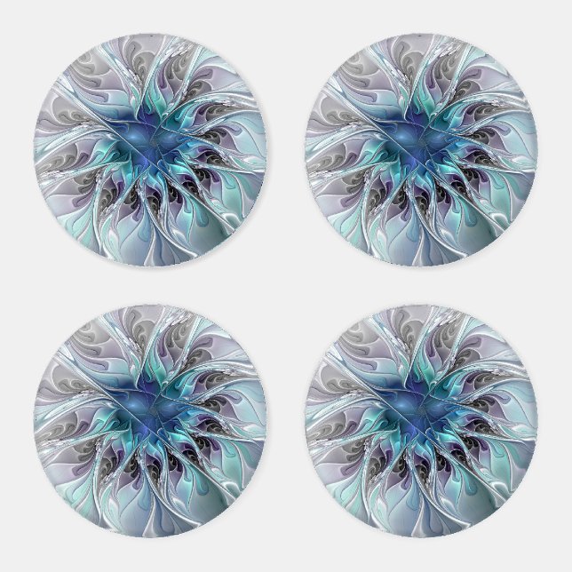 Flourish Abstract Modern Fractal Flower With Blue Coaster Set (Set)