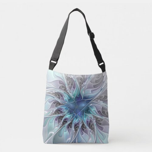 Flourish Abstract Modern Fractal Flower With Blue Crossbody Bag