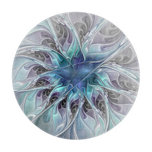 Flourish Abstract Modern Fractal Flower With Blue Cutting Board
