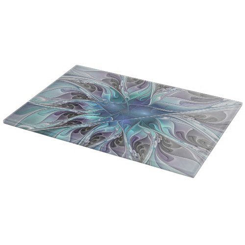 Flourish Abstract Modern Fractal Flower With Blue Cutting Board