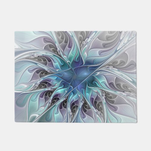 Flourish Abstract Modern Fractal Flower With Blue Doormat