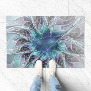 Flourish Abstract Modern Fractal Flower With Blue Doormat