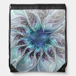 Flourish Abstract Modern Fractal Flower With Blue Drawstring Bag