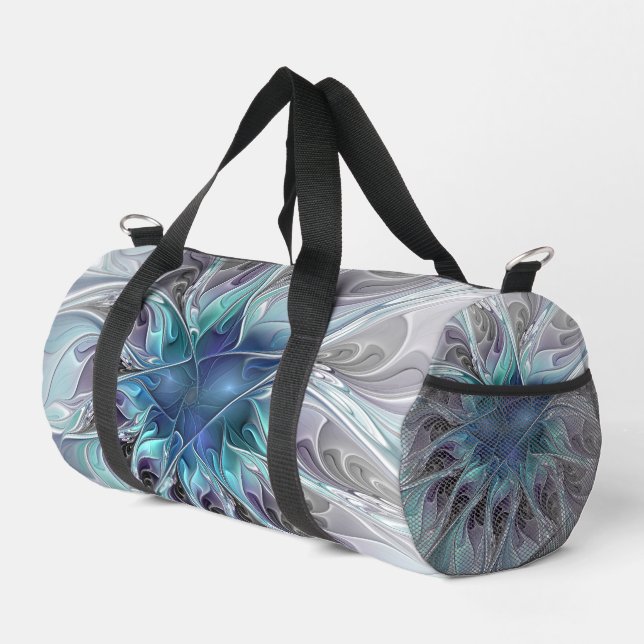 Flourish Abstract Modern Fractal Flower With Blue Duffle Bag (Right Corner)