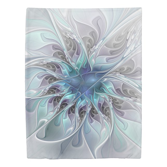 Flourish Abstract Modern Fractal Flower With Blue Duvet Cover (Front)