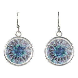 Flourish Abstract Modern Fractal Flower With Blue Earrings