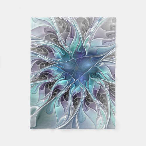 Flourish Abstract Modern Fractal Flower With Blue Fleece Blanket