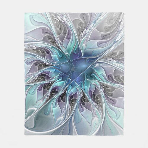 Flourish Abstract Modern Fractal Flower With Blue Fleece Blanket