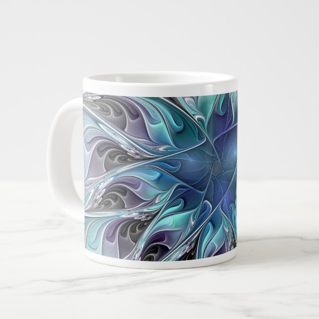 Flourish Abstract Modern Fractal Flower With Blue Giant Coffee Mug (Front Left)