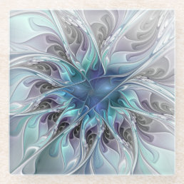 Flourish Abstract Modern Fractal Flower With Blue Glass Coaster