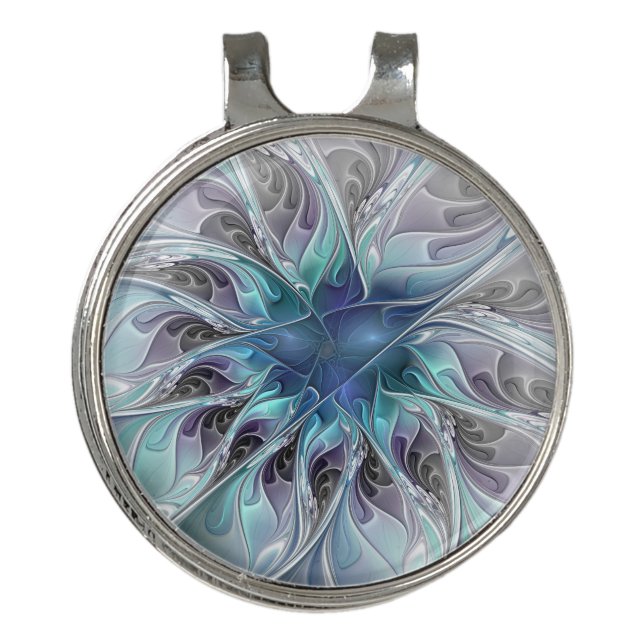 Flourish Abstract Modern Fractal Flower With Blue Golf Hat Clip (Front)