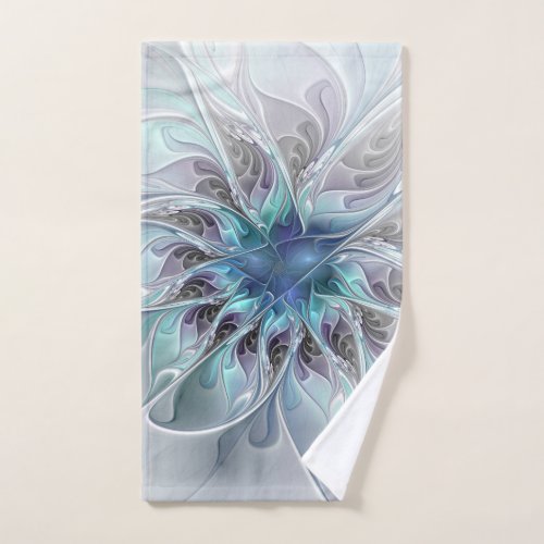 Flourish Abstract Modern Fractal Flower With Blue Hand Towel