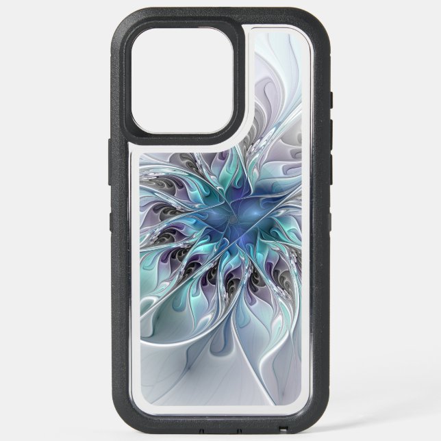 Flourish Abstract Modern Fractal Flower With Blue iPhone 15 Pro Max Case (Back)