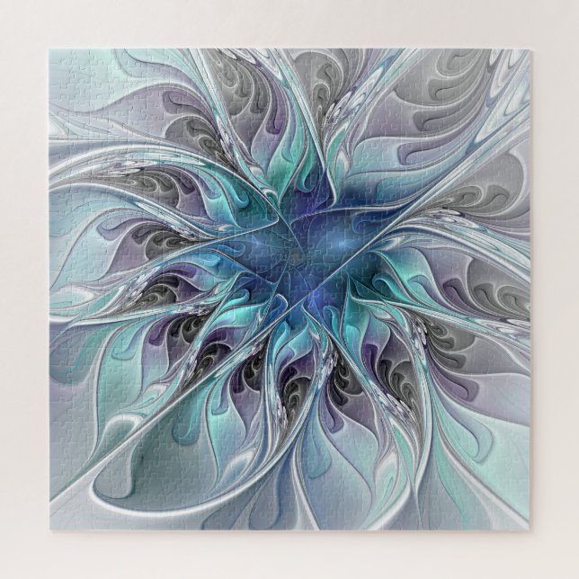 Flourish Abstract Modern Fractal Flower With Blue Jigsaw Puzzle (Vertical)