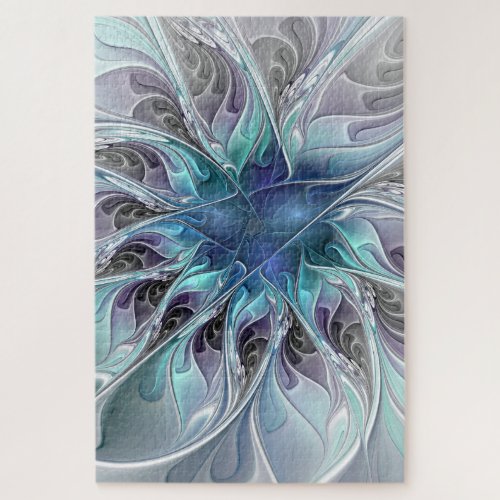 Flourish Abstract Modern Fractal Flower With Blue Jigsaw Puzzle