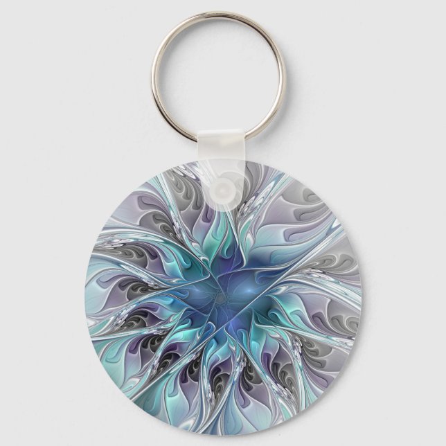 Flourish Abstract Modern Fractal Flower With Blue Keychain (Front)
