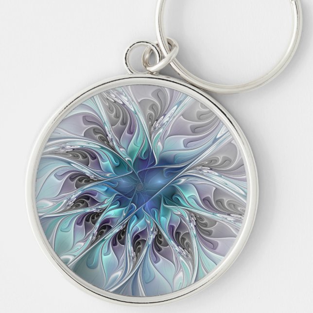 Flourish Abstract Modern Fractal Flower With Blue Keychain (Front)