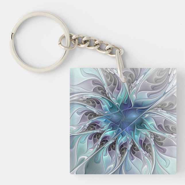 Flourish Abstract Modern Fractal Flower With Blue Keychain (Front)