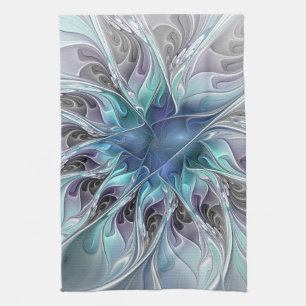 Flourish Abstract Modern Fractal Flower With Blue Kitchen Towel