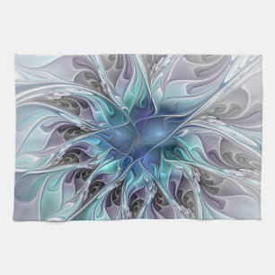 Flourish Abstract Modern Fractal Flower With Blue Kitchen Towel
