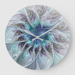 Flourish Abstract Modern Fractal Flower With Blue Large Clock