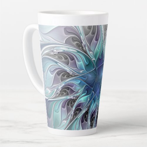 Flourish Abstract Modern Fractal Flower With Blue Latte Mug