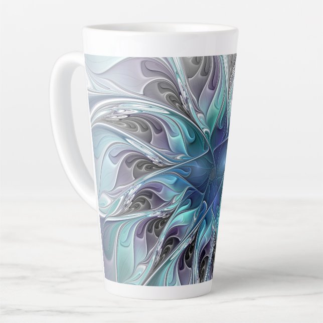 Flourish Abstract Modern Fractal Flower With Blue Latte Mug (Left Angle)